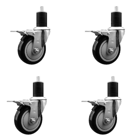 Service Caster 4'' Black Poly Swivel 1-3/4'' Expanding Stem Caster Set Total Lock Brake, 4PK SCC-EXTTL20S414-PPUB-BLK-134-4